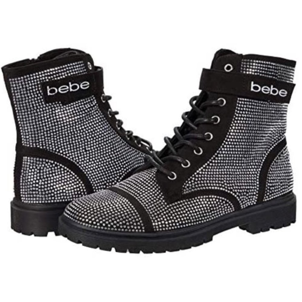 Bebe Dayani Women’s Rhinestone Combat Moto Booties Shiny Boots Size 7